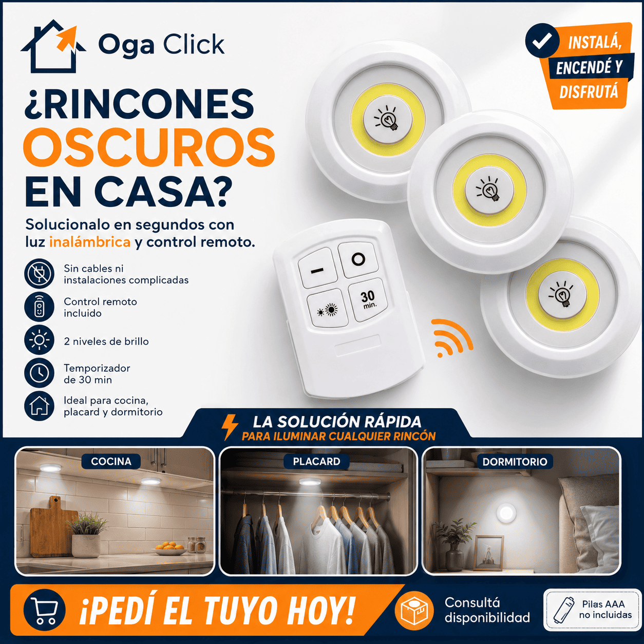 Pack de 3 Luces LED Adhesivas con Control Remoto y Temporizador para Cocina, Armarios y Pasillos
