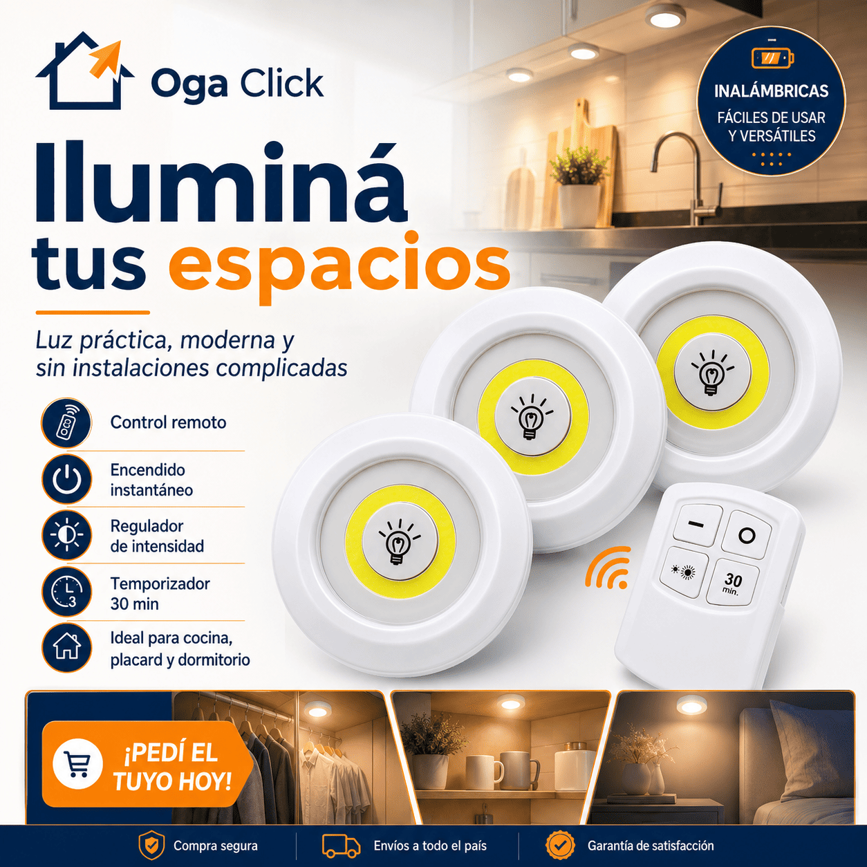 Pack de 3 Luces LED Adhesivas con Control Remoto y Temporizador para Cocina, Armarios y Pasillos