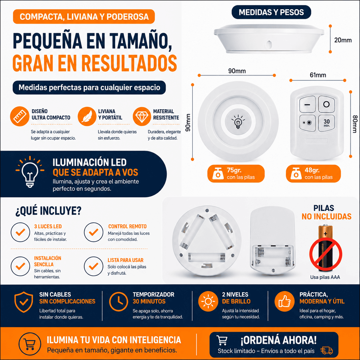 Pack de 3 Luces LED Adhesivas con Control Remoto y Temporizador para Cocina, Armarios y Pasillos