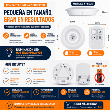 Pack de 3 Luces LED Adhesivas con Control Remoto y Temporizador para Cocina, Armarios y Pasillos