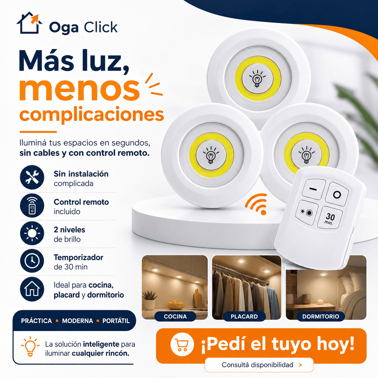 Pack de 3 Luces LED Adhesivas con Control Remoto y Temporizador para Cocina, Armarios y Pasillos