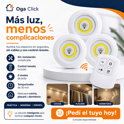 Pack de 3 Luces LED Adhesivas con Control Remoto y Temporizador para Cocina, Armarios y Pasillos