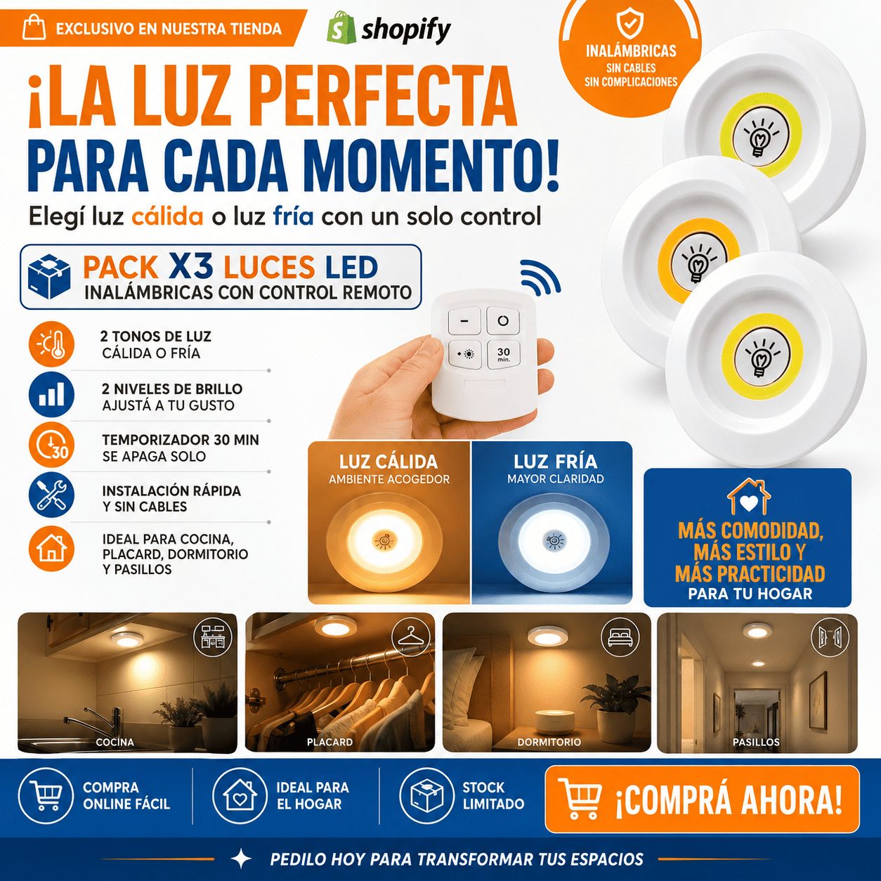 Pack de 3 Luces LED Adhesivas con Control Remoto y Temporizador para Cocina, Armarios y Pasillos