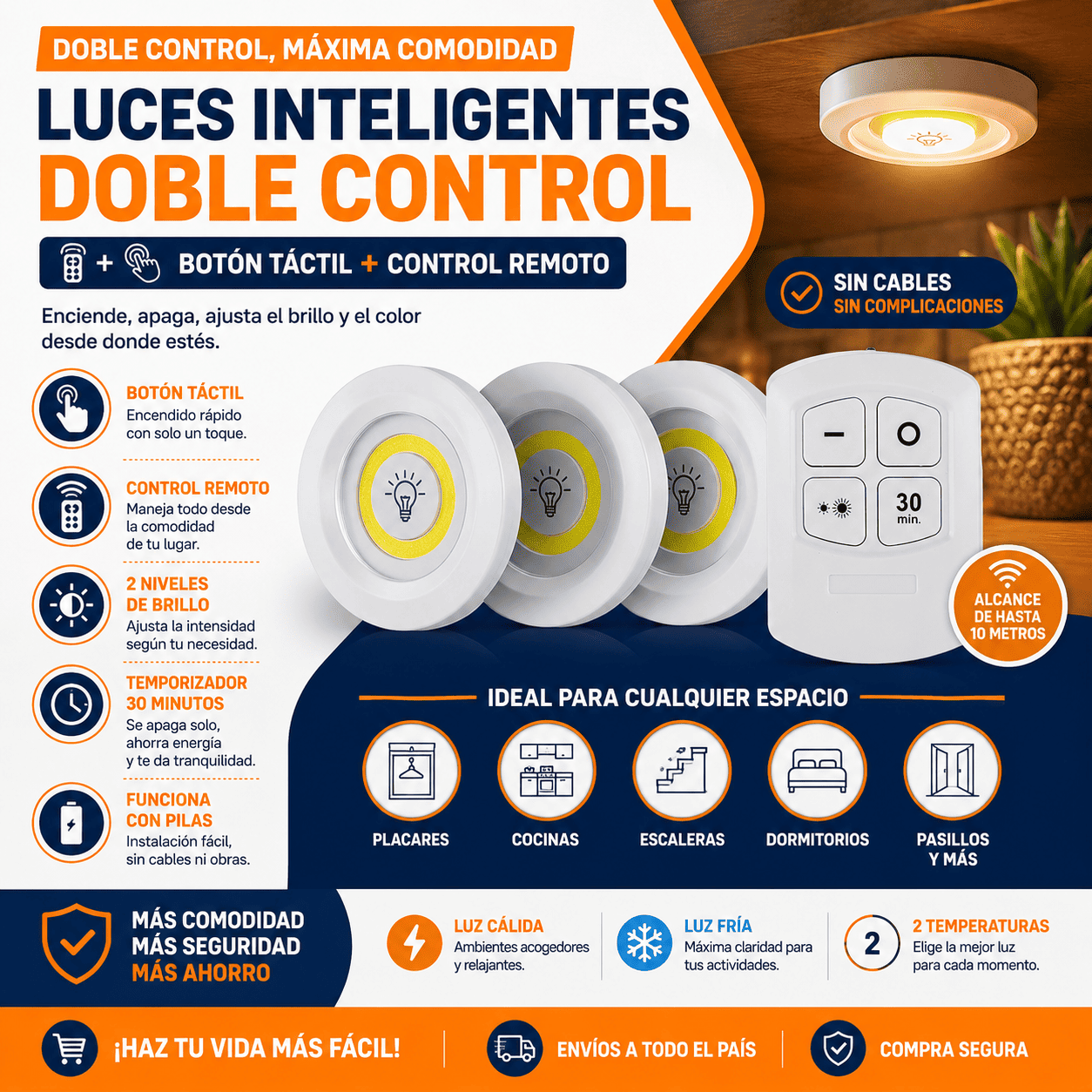Pack de 3 Luces LED Adhesivas con Control Remoto y Temporizador para Cocina, Armarios y Pasillos