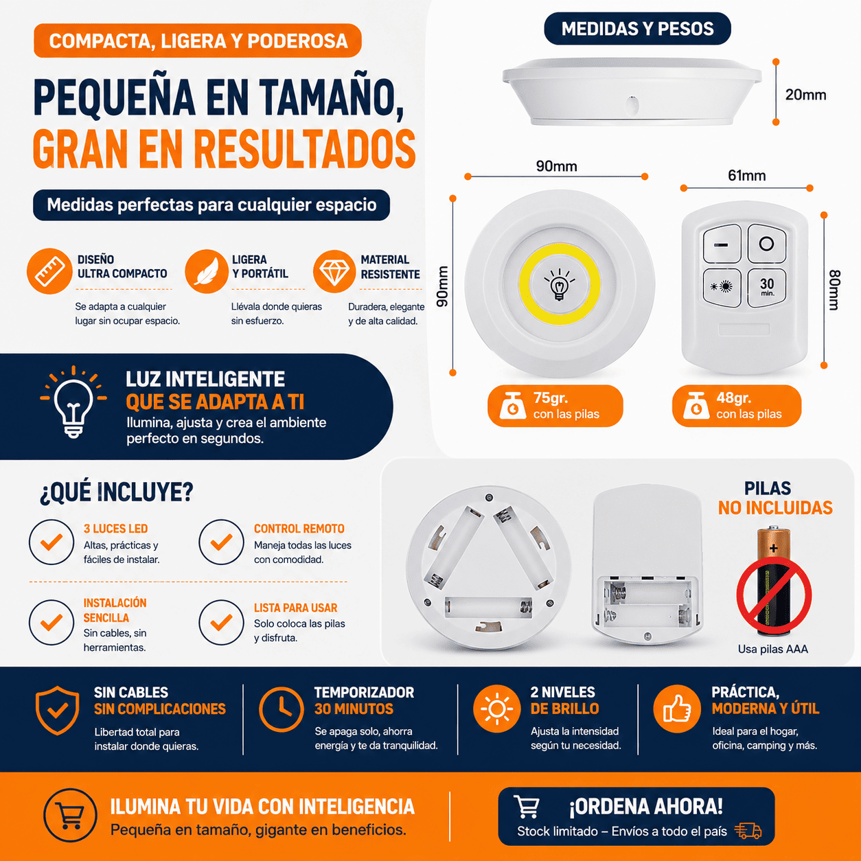 Pack de 3 Luces LED Adhesivas con Control Remoto y Temporizador para Cocina, Armarios y Pasillos
