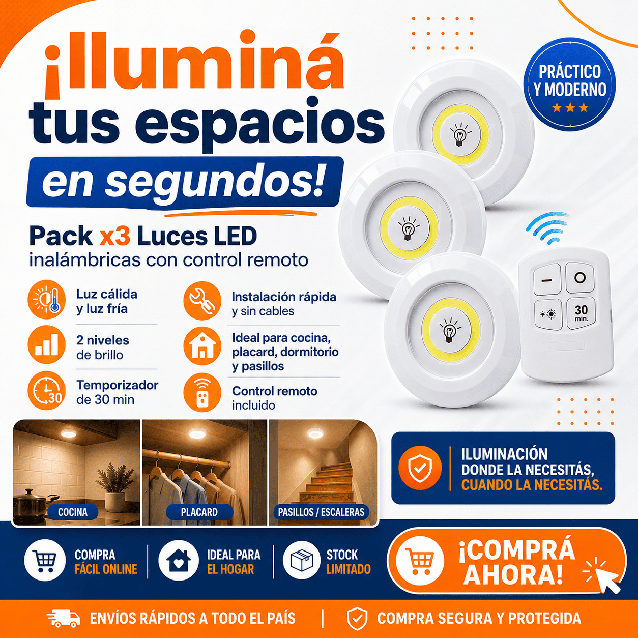 Pack de 3 Luces LED Adhesivas con Control Remoto y Temporizador para Cocina, Armarios y Pasillos