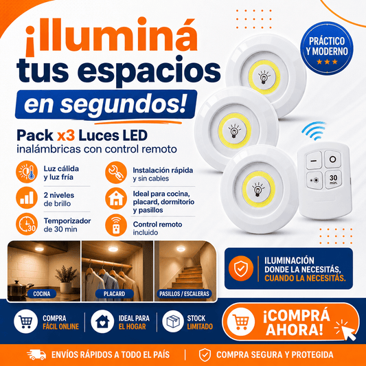 Pack de 3 Luces LED Adhesivas con Control Remoto y Temporizador para Cocina, Armarios y Pasillos